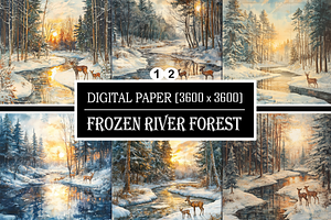 Watercolor Frozen River Forest