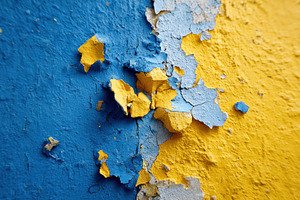 Peeling blue and yellow paint textured wall background, a Background Photo by AlyaAnd