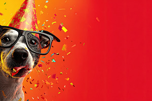 Playful dog with glasses and party hat surrounded by confetti on, an Animal Photo by Ales Munt