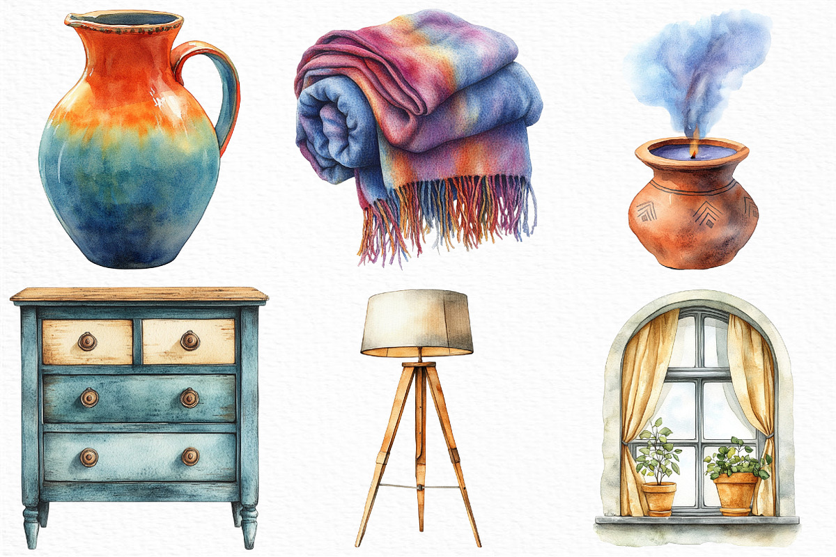 Watercolor Boho Interior Clipart, an Illustration by Craft Nest (Photo 2 of 6)