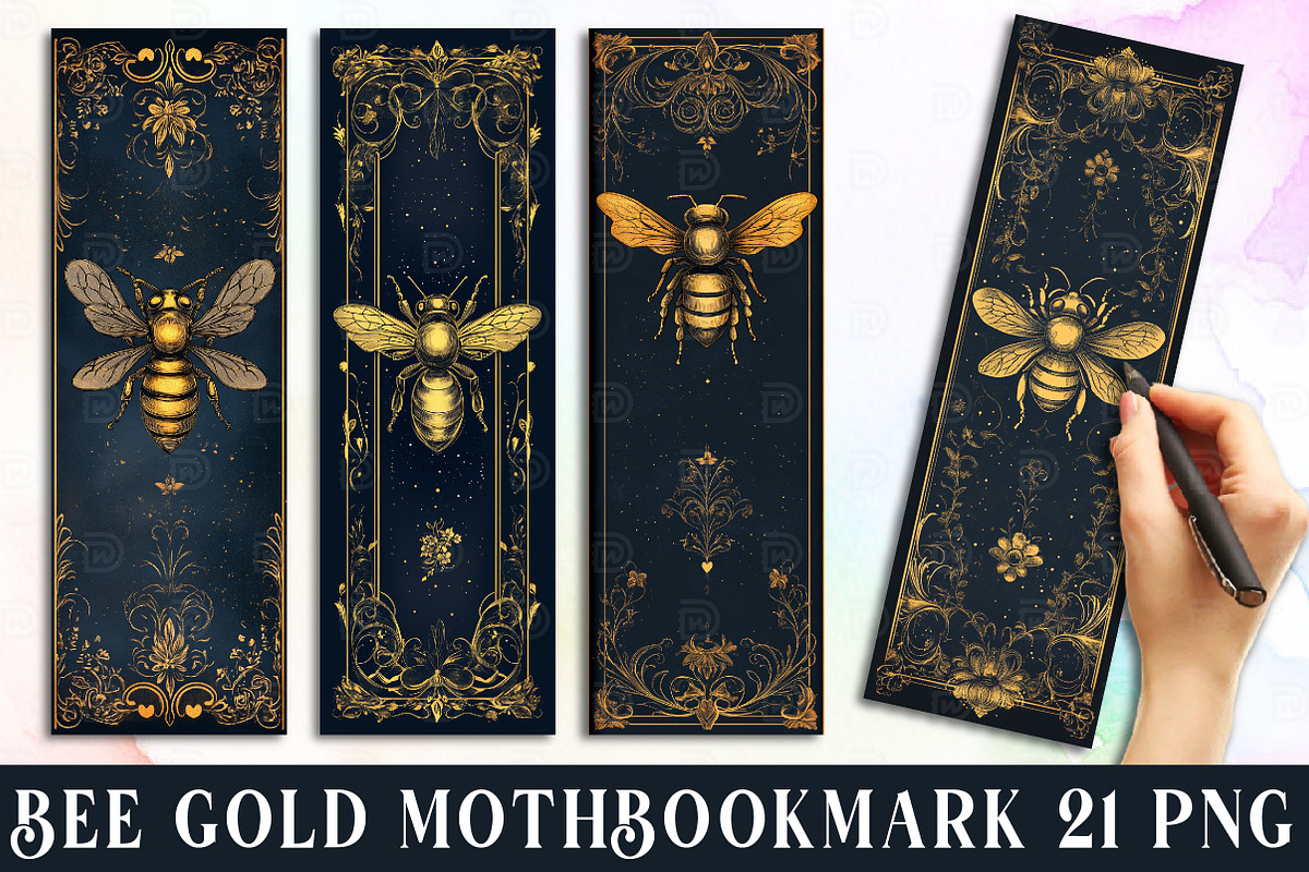 Gold Moth and Bees Printable Bookmar, an Illustration by Watercolor design (Photo 1 of 3)