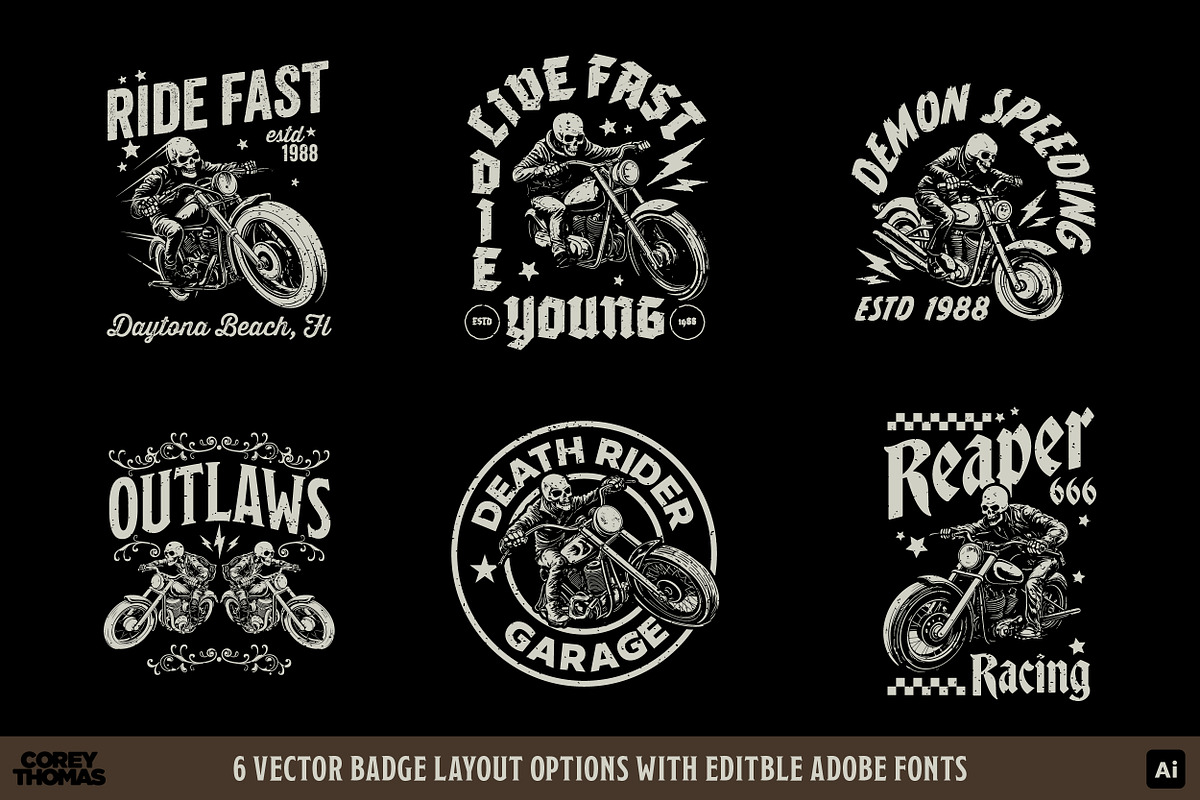 Skeleton Biker Vector Badge Bundle, a Transportation Illustration by Mutant Lagoon (Photo 2 of 4)
