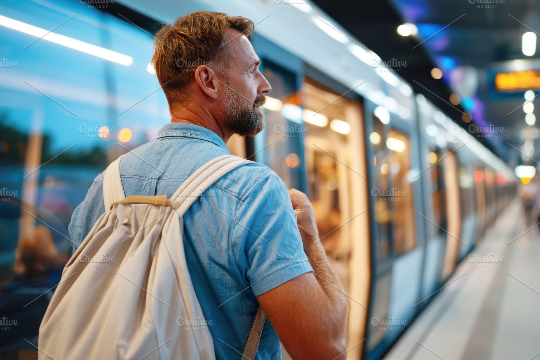 Man walking at night in train station, a Transportation Photo by AlyaAnd