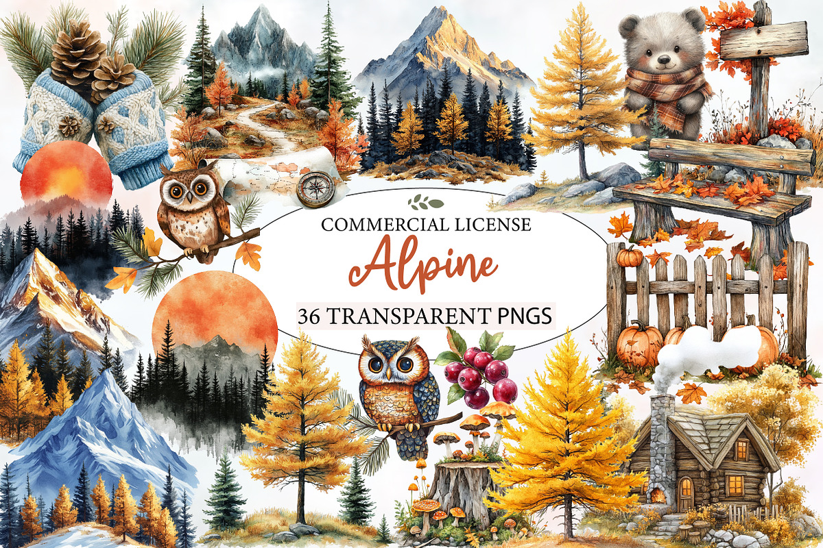 Watercolor Alpine Autumn Clipart, an Illustration by Designworld (Photo 1 of 5)