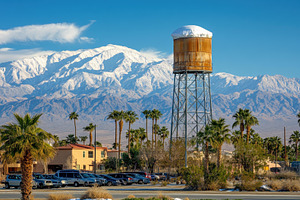 Snow-capped mountains loom over a wa, a Photo by Tanuart