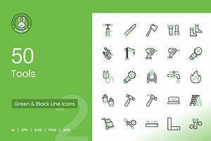 50 Tools Green & Black Icons, an Icon by IconBunny