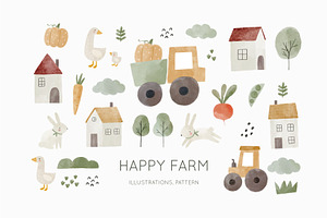 Watercolor Happy Farm