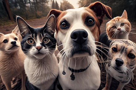 Gang of dogs and cats taking a selfie shot
