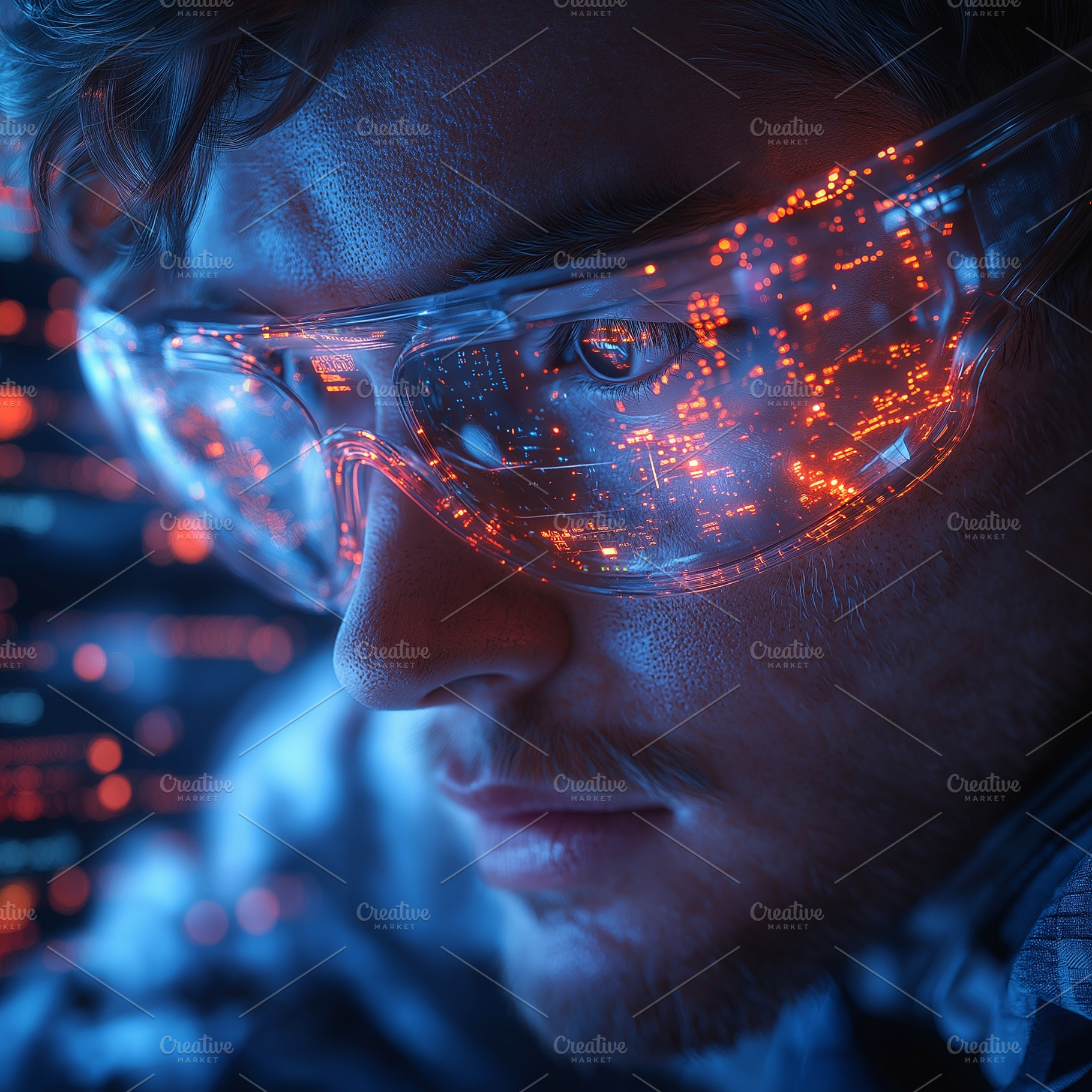A young Caucasian male wearing futuristic glasses reflecting vibrant digital pa, a Person Photo by ImageMir