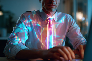 Businessman working at night with neon tie reflecting colorful lights in modern, a Photo by AlyaAnd