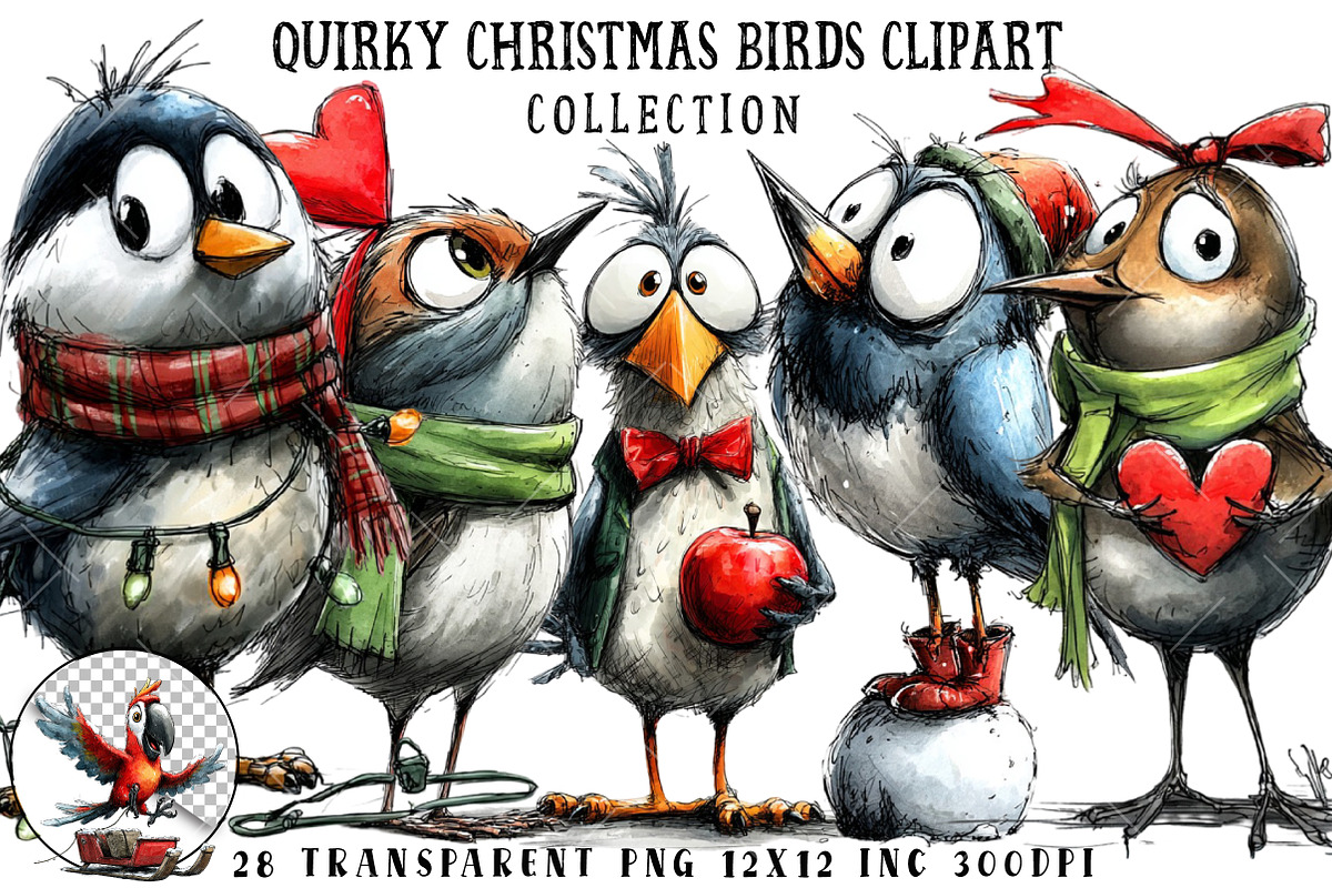 Quirky Christmas Birds Clipart, an Illustration by OK Design (Photo 1 of 6)