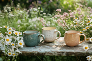 Three rustic ceramic mugs with tea, a Food & Drink Photo by MistyDay