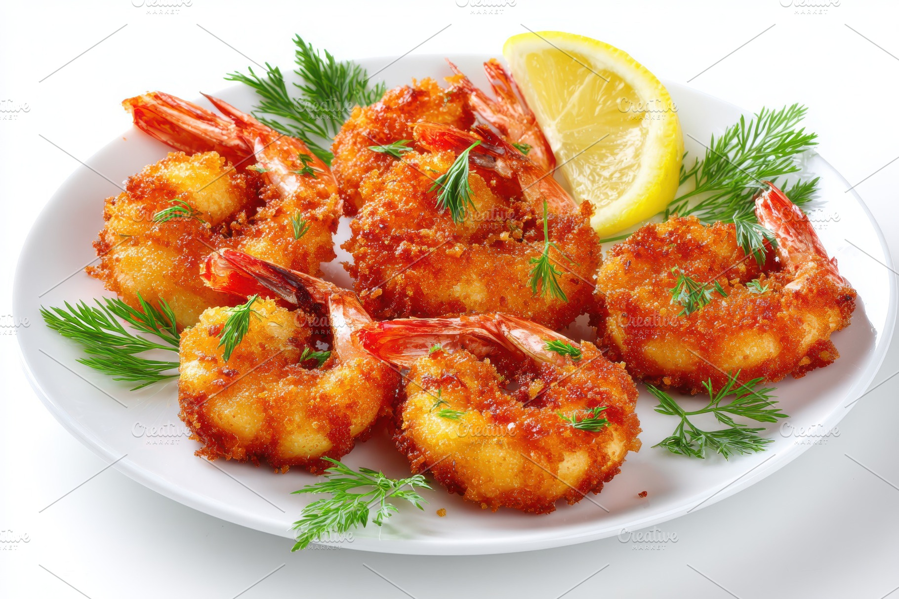 Delicious breaded shrimp lemon garni, a Photo by Pixeness Studio