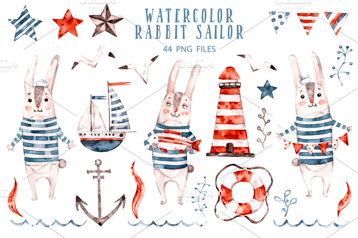 Sea rabbits naive watercolor clipart, an Animal Illustration by UlitkaStudio (Photo 2 of 9)