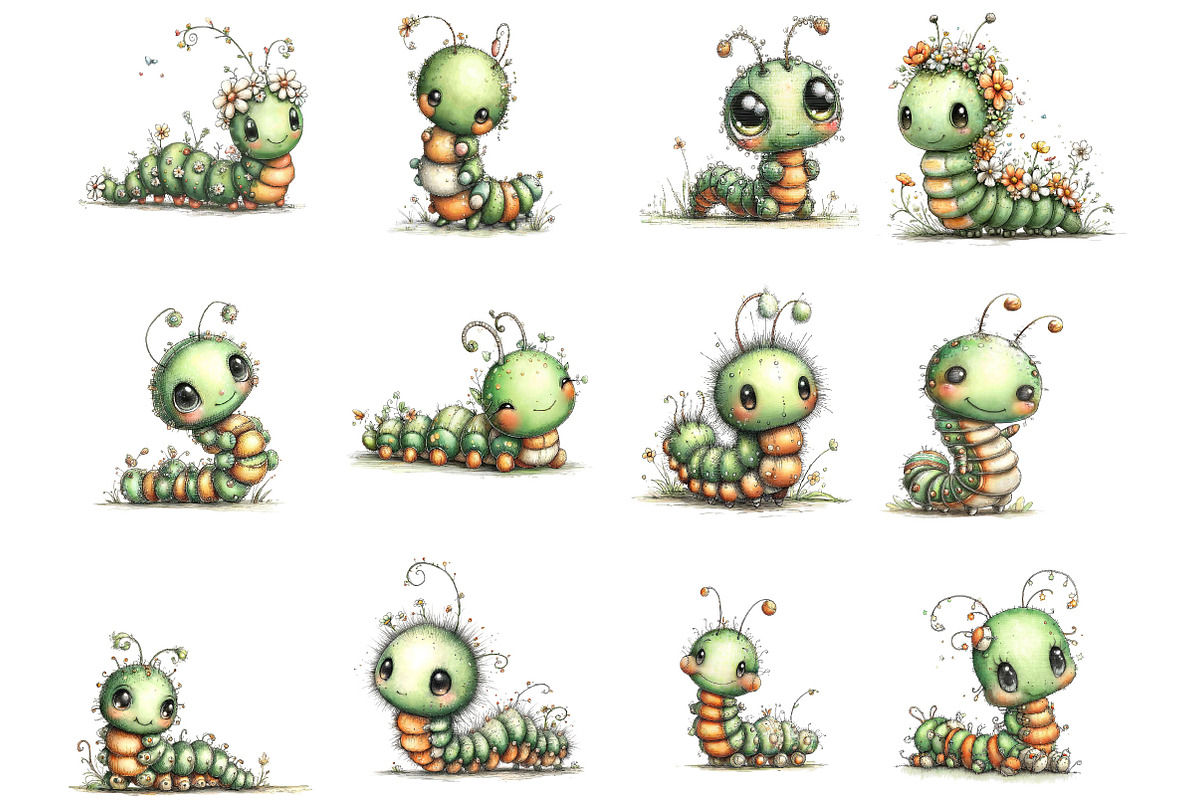 Whimsical Spring Caterpillar Clipart, an Illustration by Designking (Photo 3 of 5)