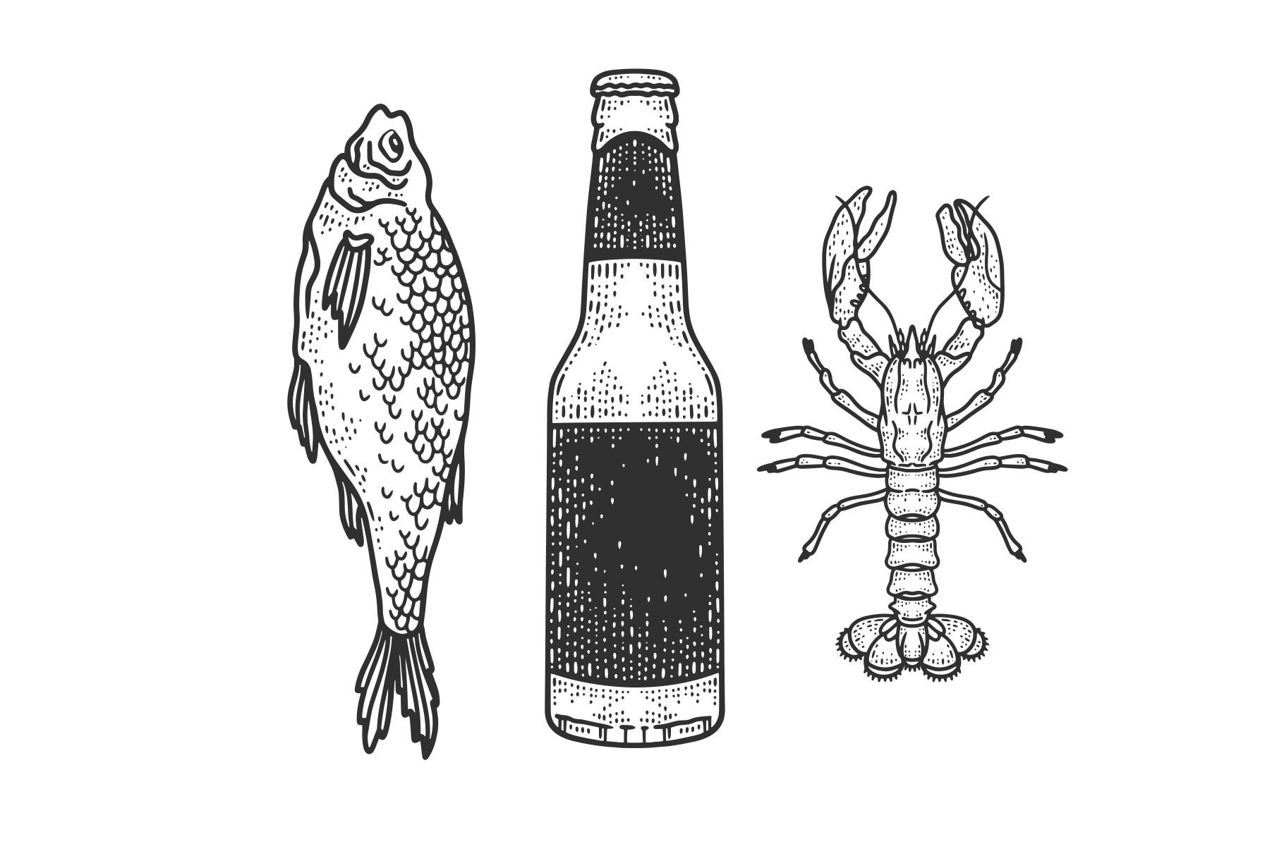 beer dried fish and crayfish sketch, a Food Illustration by AlexArt