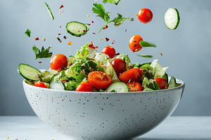 Fresh Salad Bowl Vegetables Falling, a Food & Drink Photo by Pixeness Studio