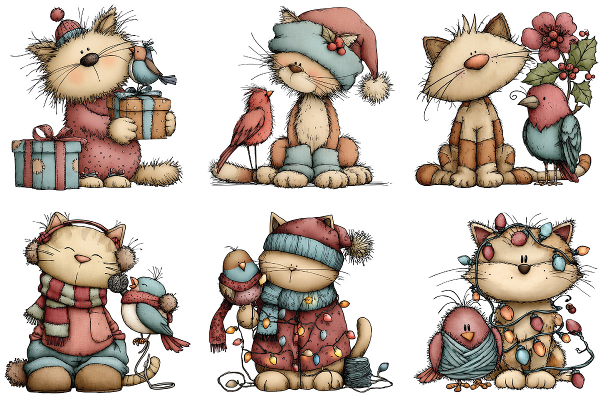 Christmas Cat And Bird Clipart, an Illustration by CraftArtStudio (Photo 2 of 6)