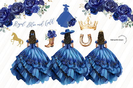 blue dress clipart Elegant Arch Blue Princess Dresses Watercolor Clipart, Blue Quinceaera  Mexican Blue Royal Flowers Silver Crown Birthday Girl Clipart, CA171
