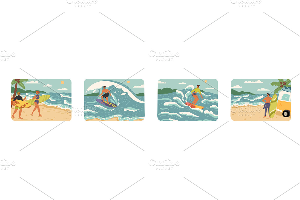 Set of people riding surfboards, a Sport Illustration by vectorpointstudio