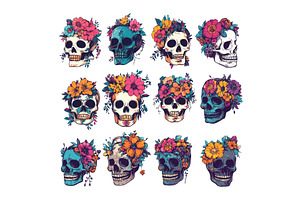 Cartoon skulls with flowers. Cranial, an Object Illustration by Stock-Smart-Start