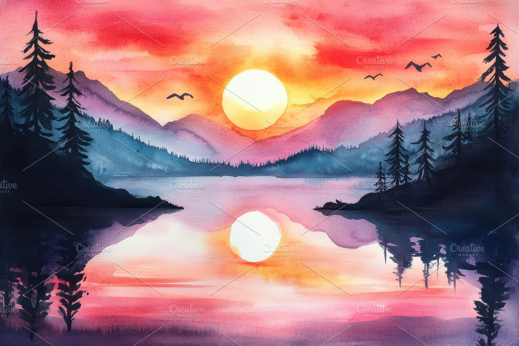 Sunset over mountain lake reflected, a Photo by Pixeness Studio
