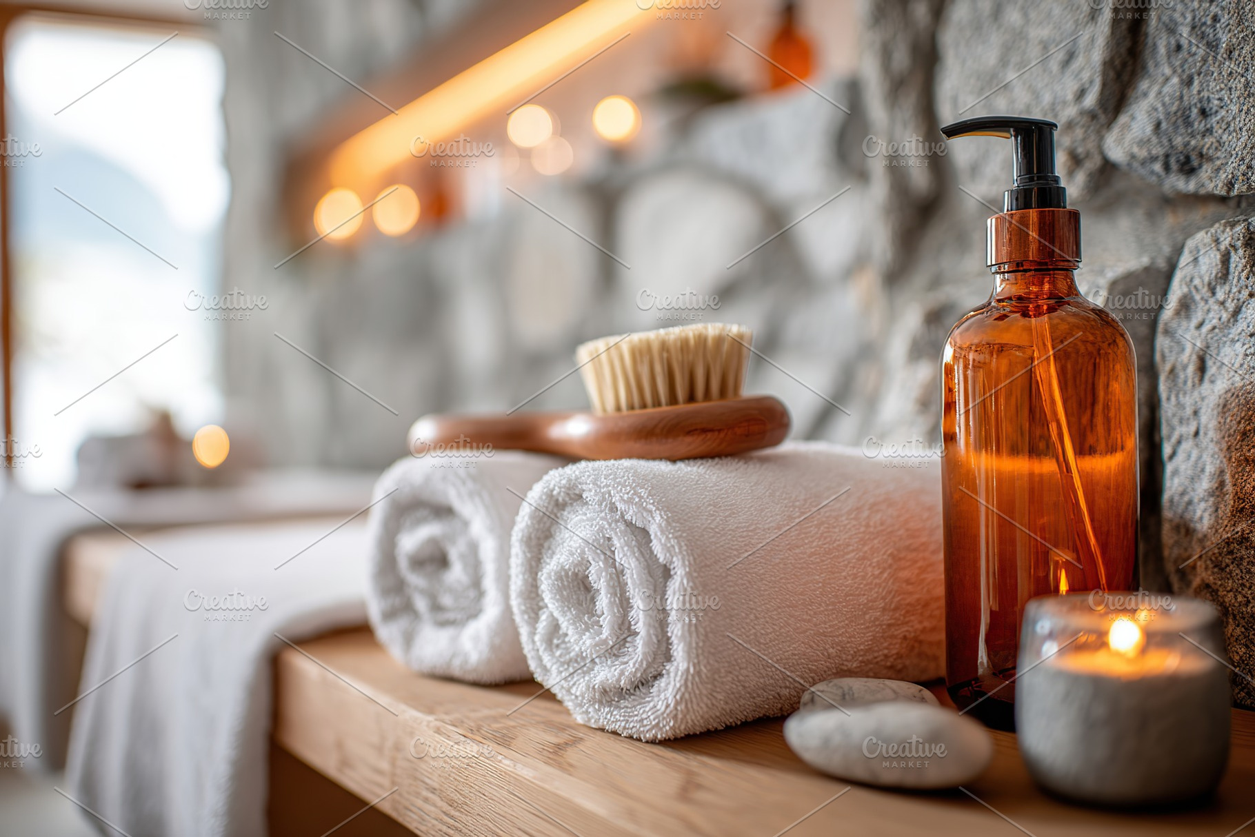 Serene spa setting with towels and candles, a Health & Medical Photo by AlyaAnd