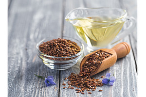 Flax seeds and flaxseed oil with, a Food & Drink Photo by Fascinadora