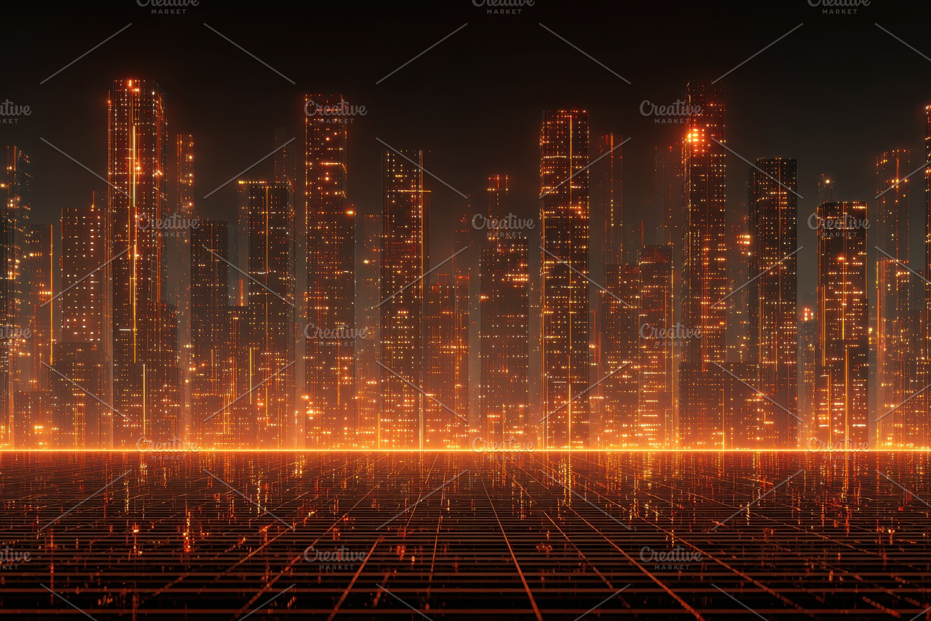 Futuristic Cityscape Glowing Orange, a Photo by Pixeness Studio