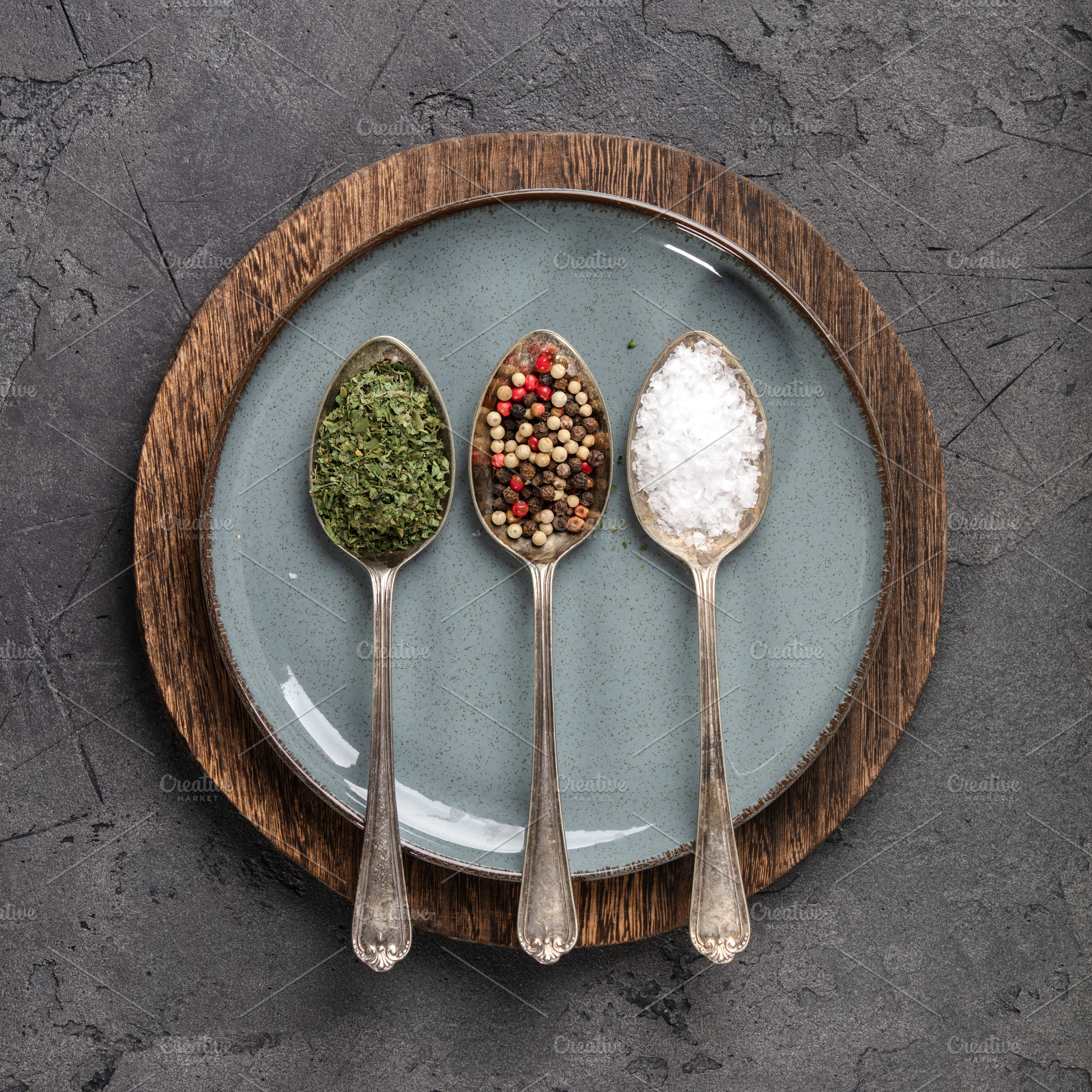 Vintage Silverware and Culinary Ingredients on Dark Stone Backgr, a Food & Drink Photo by Natalia Klenova's Shop