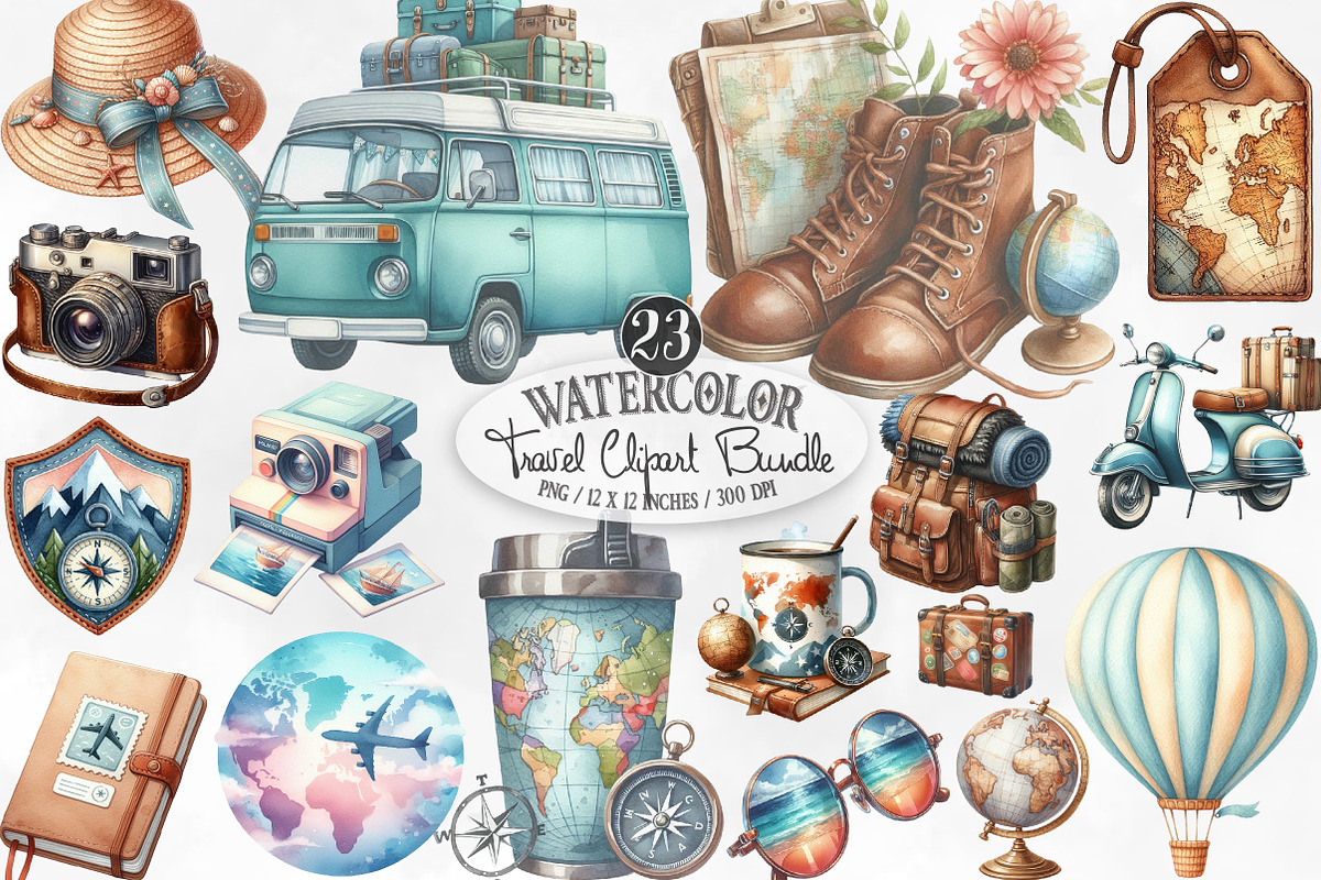 Watercolor Travel Clipart, an Illustration by Designking (Photo 1 of 4)