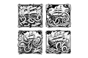 Kraken sinking sailboat stormy ocean, an Animal Illustration by Onyx