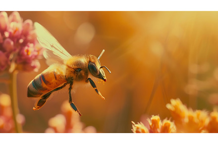 Bee flying over flowers in meadow, an Animal Photo by Lermont51