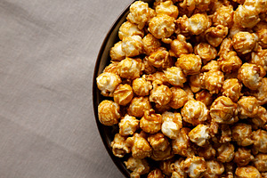 Homemade Caramel Pop Corn in a Bowl, top view.