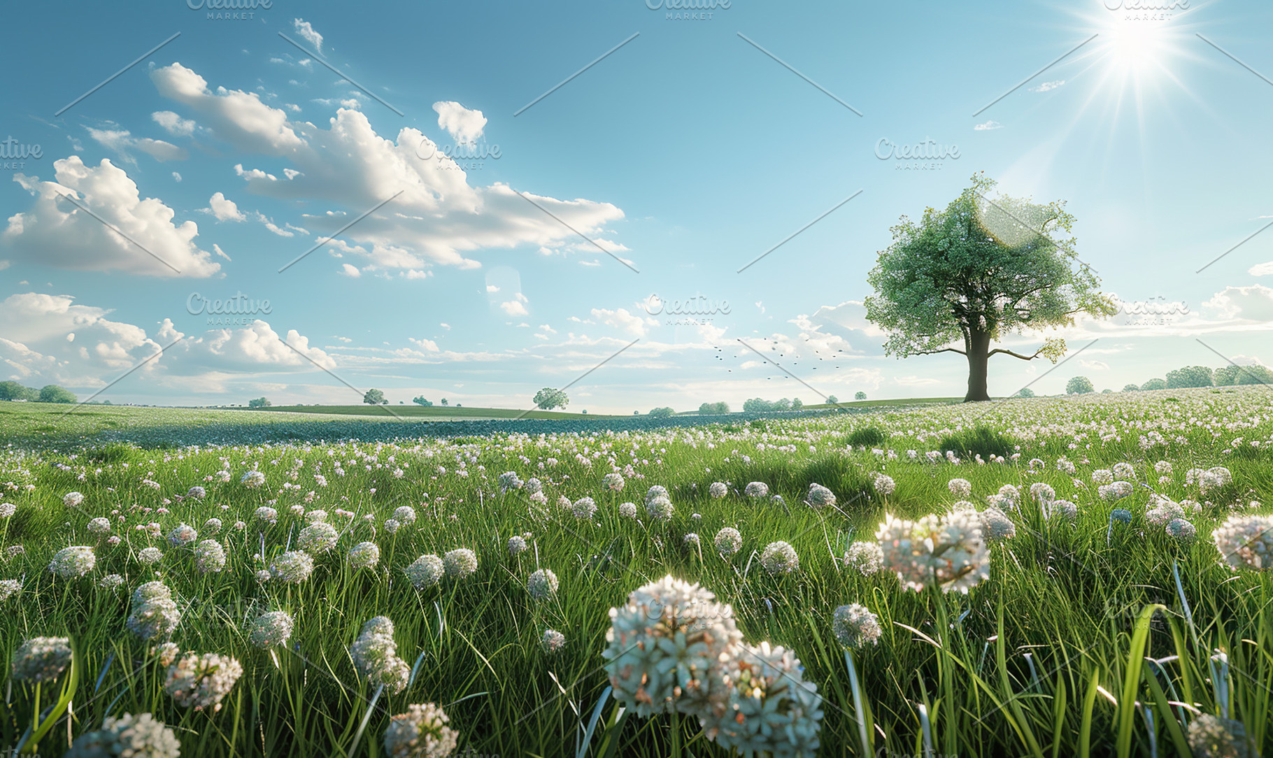 A vibrant landscape with a single tr, a Photo by LOGOCREATIVE