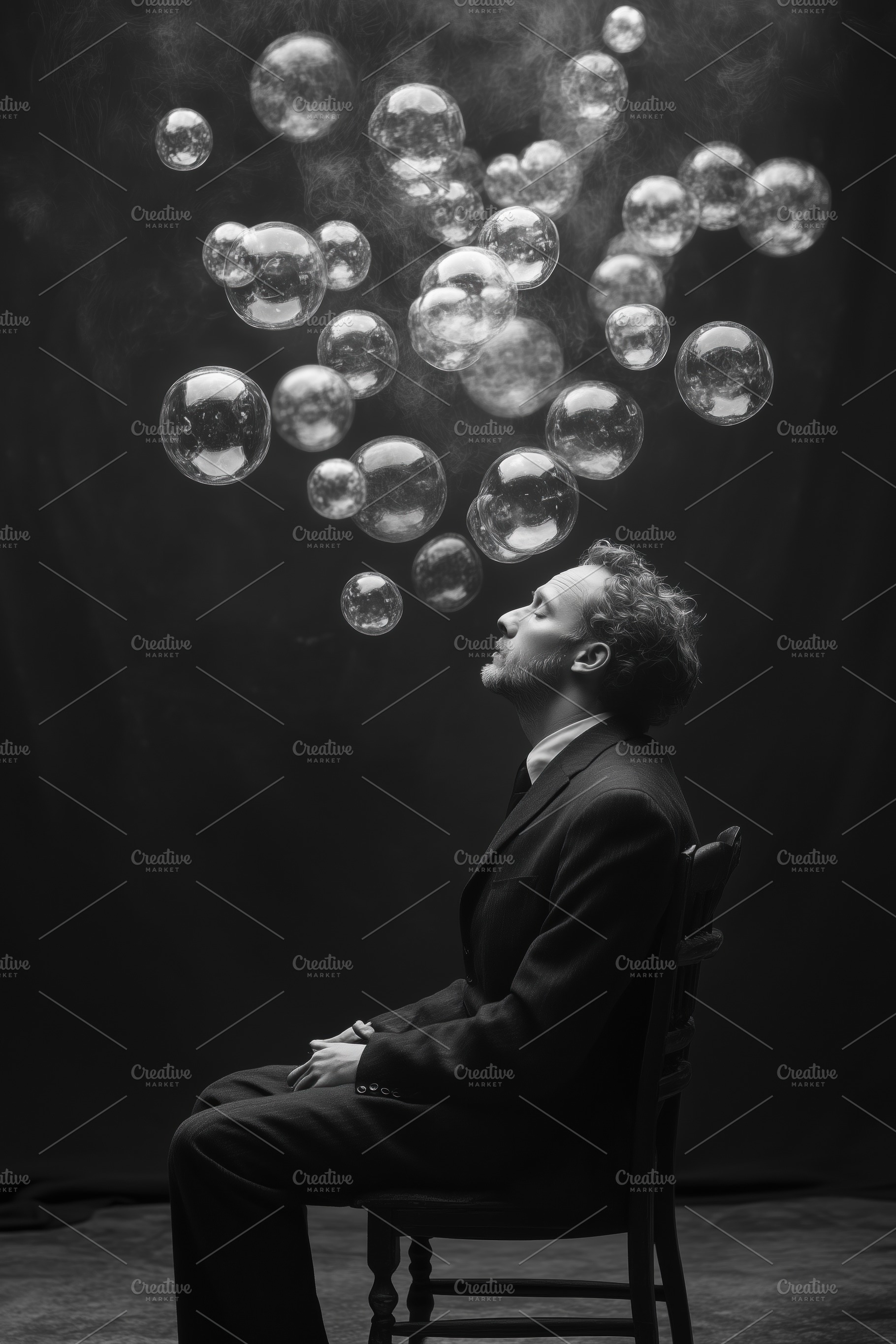 A psycholinguist man in a suit sits on a chair with his eyes closed, surrounded, a Person Photo by Textures & Backgrounds