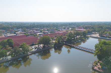 Aerial view of local residential neighborhood roofs. Urban housi