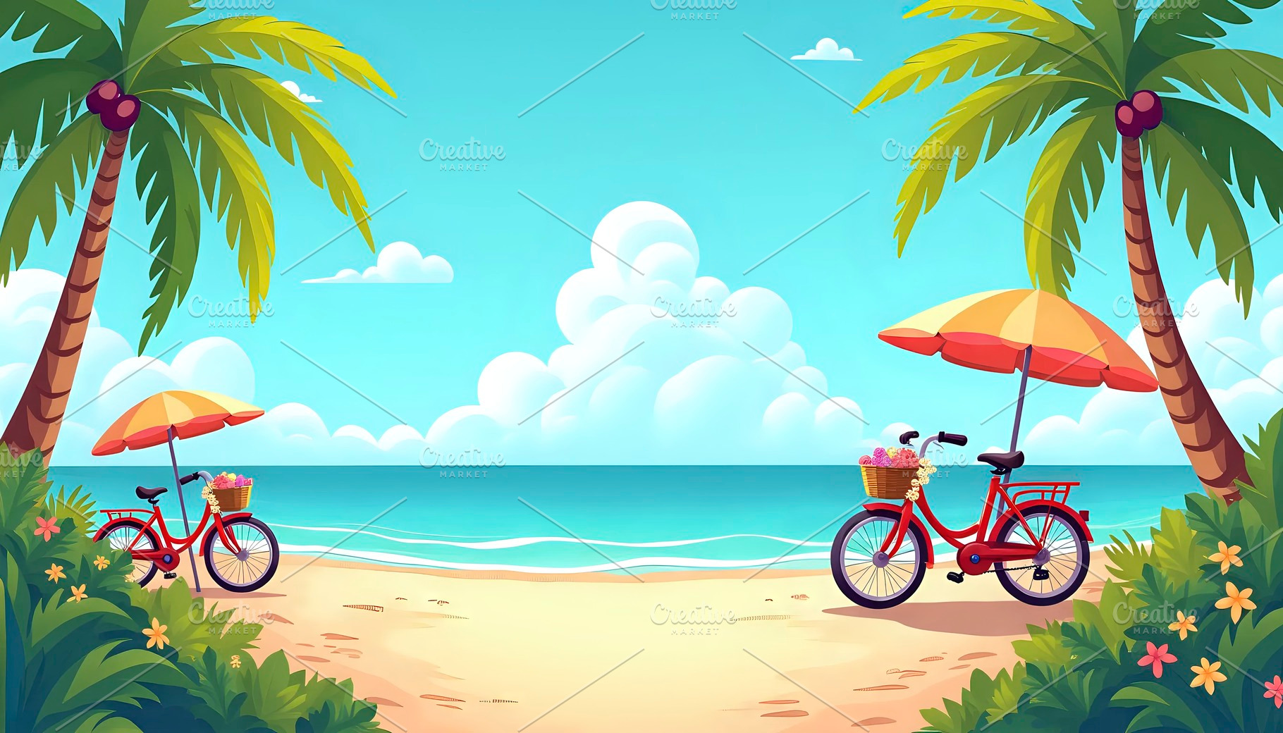 Island Beach With Bicycles And Flowe, a Photo by LOGOCREATIVE