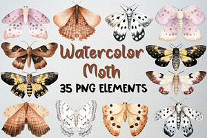 Watercolor Moth Clipart Set, 35 PNG