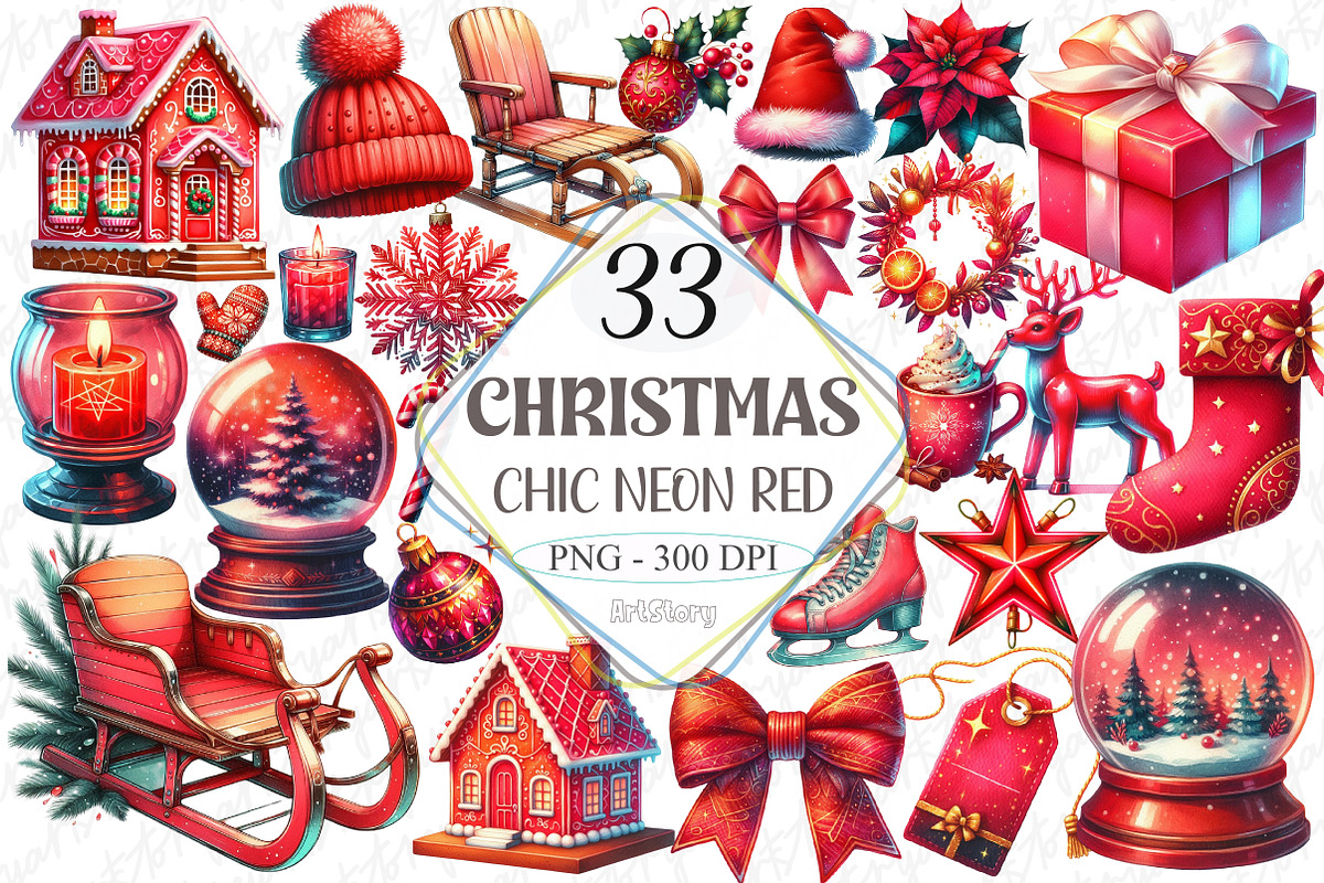 Chic Neon Red Christmas Clipart, a Graphic by designcity5 (Photo 1 of 5)