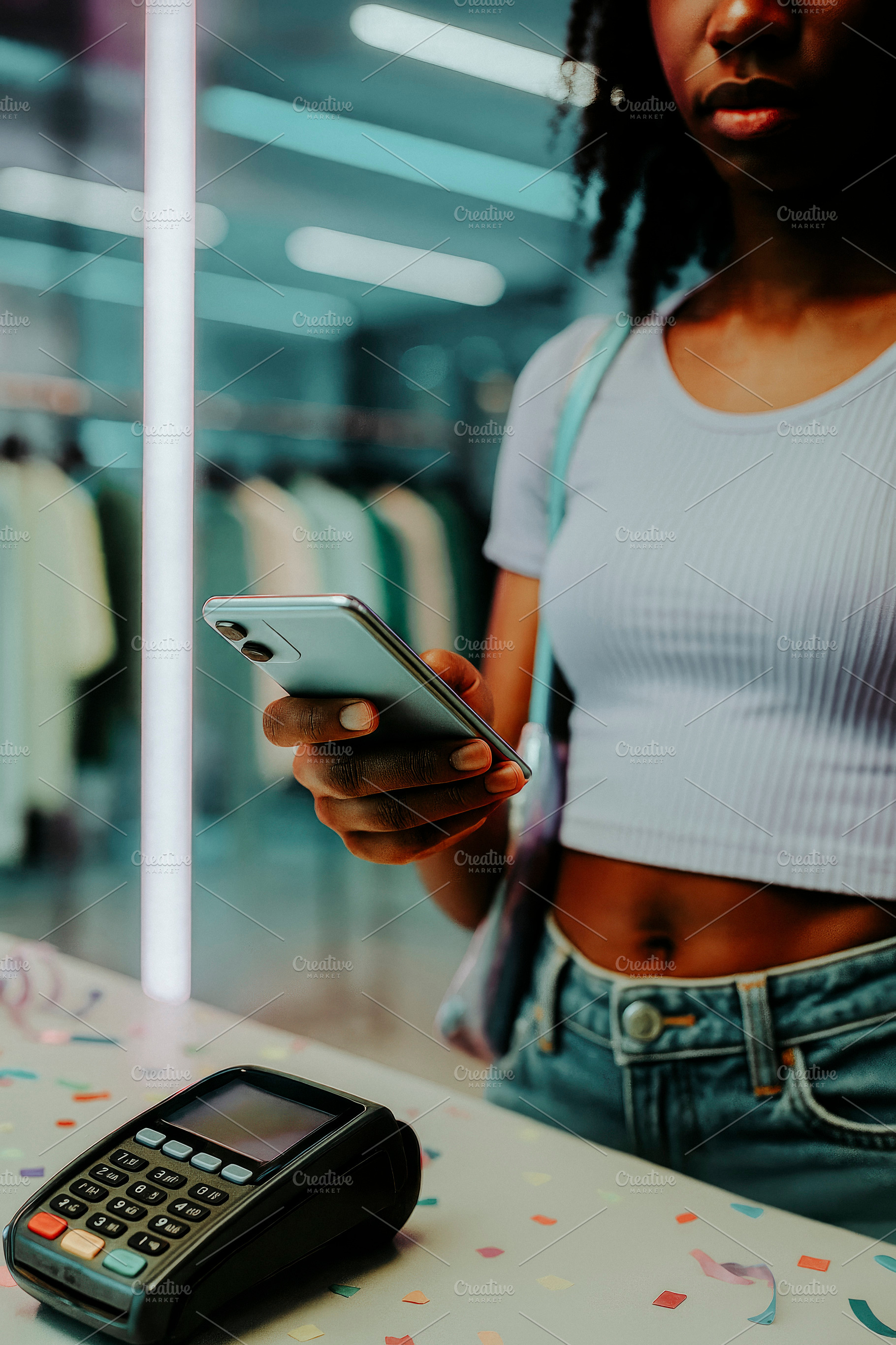 woman paying with phone at store, generative AI, a Photo by Nito