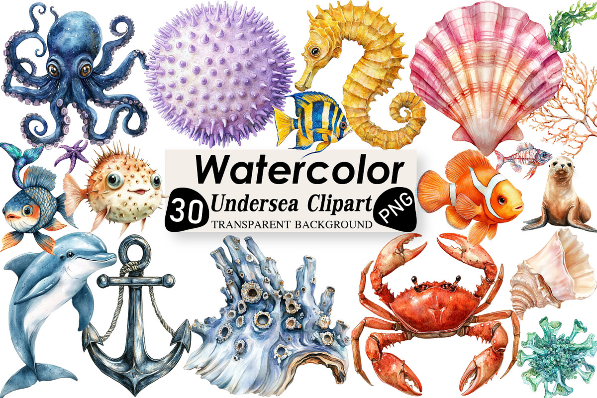 Undersea Watercolor Clipart, an Illustration by Black Bird Studio (Photo 1 of 6)