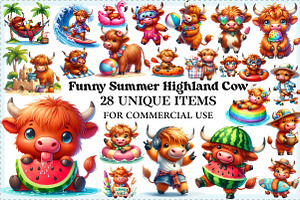 Funny Summer Highland Cow Clipart, an Illustration by Craft Nest