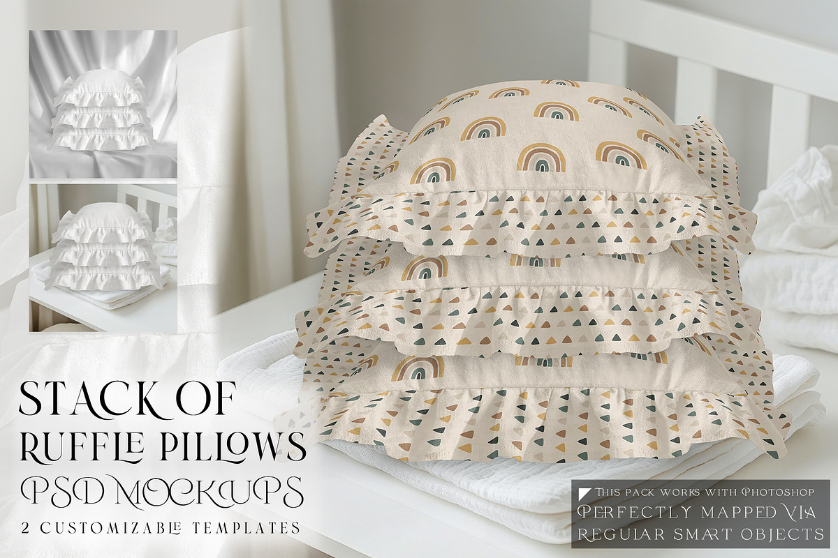 Stack of Ruffle Pillows Mockups, a Merchandise Mockup by mock-ups