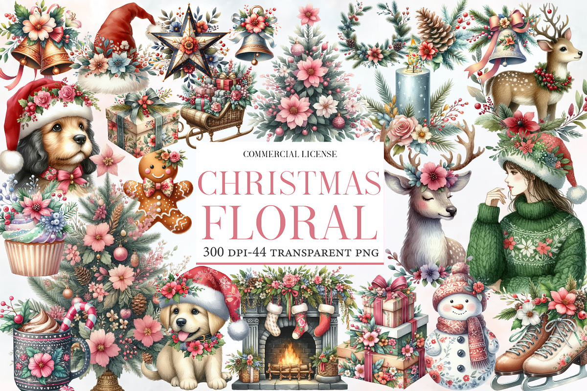 Watercolor Christmas floral Clipart, an Illustration by Designworld (Photo 1 of 6)
