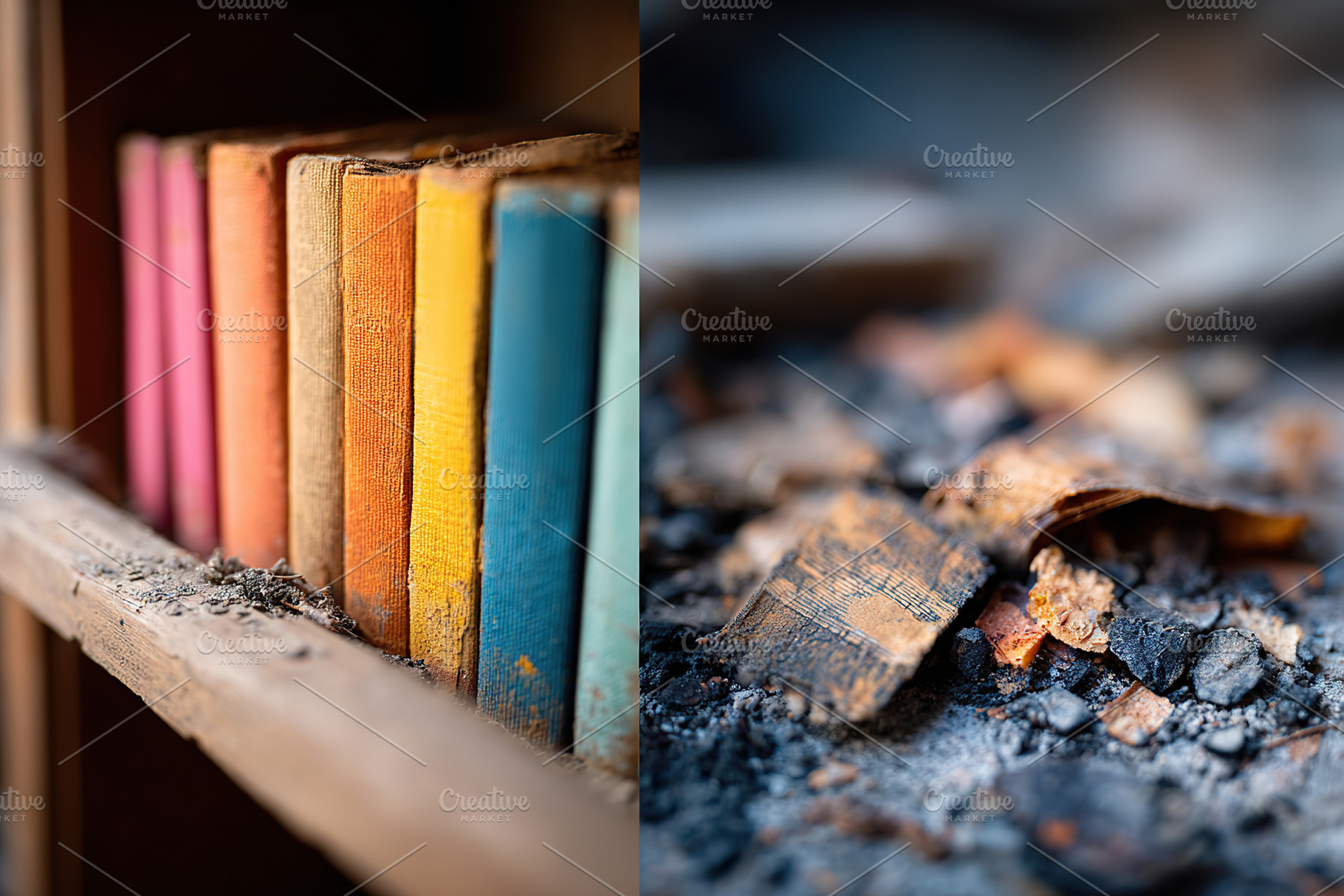 Old colorful books on a shelf next to burnt pages and ashes in a dimly lit room, a Photo by AlyaAnd