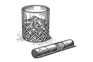 Cigar and Whiskey Glass engraving, a Food Illustration by AlexArt