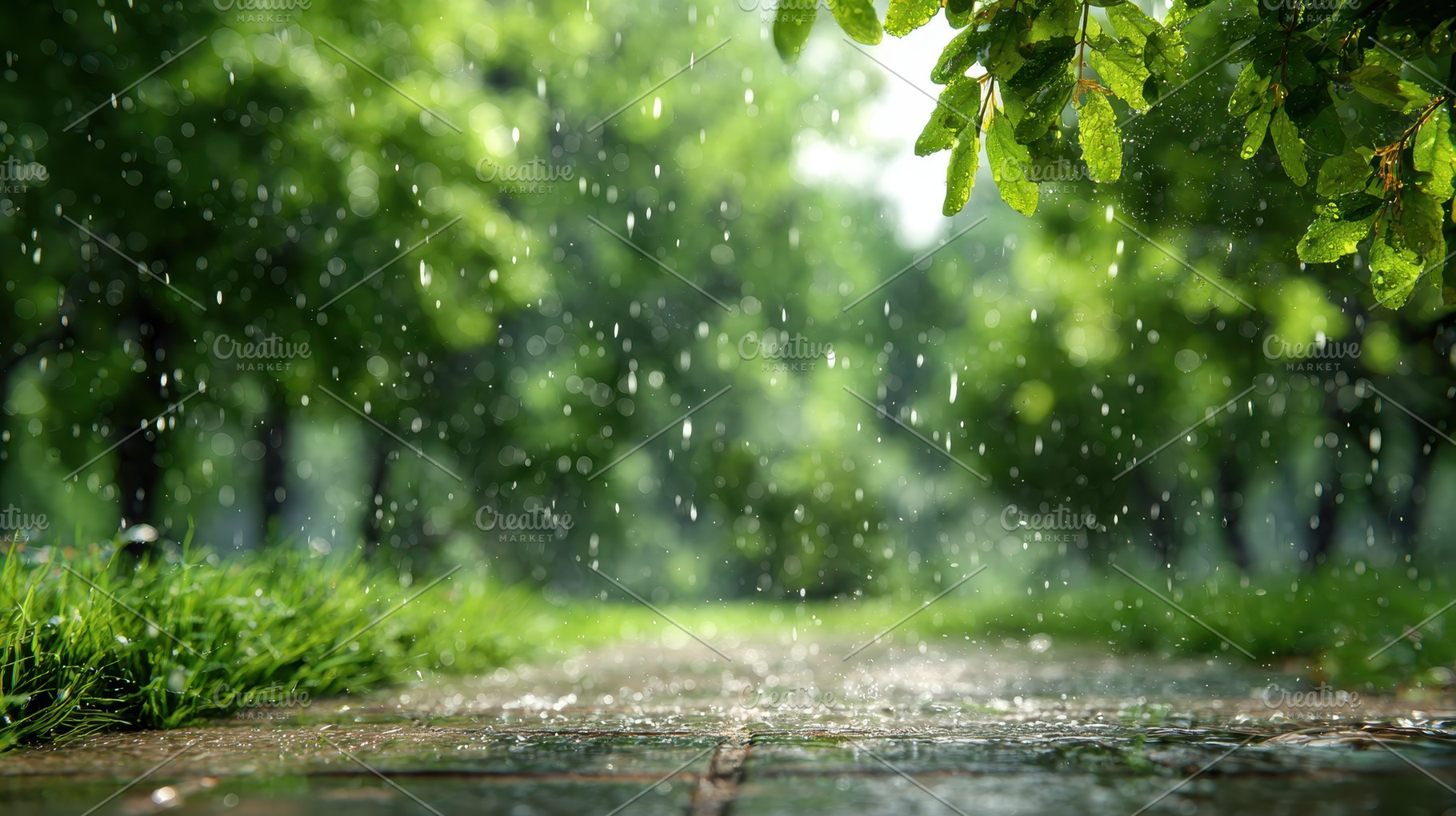 Rain falling on green path nature sc, a Photo by Pixeness Studio