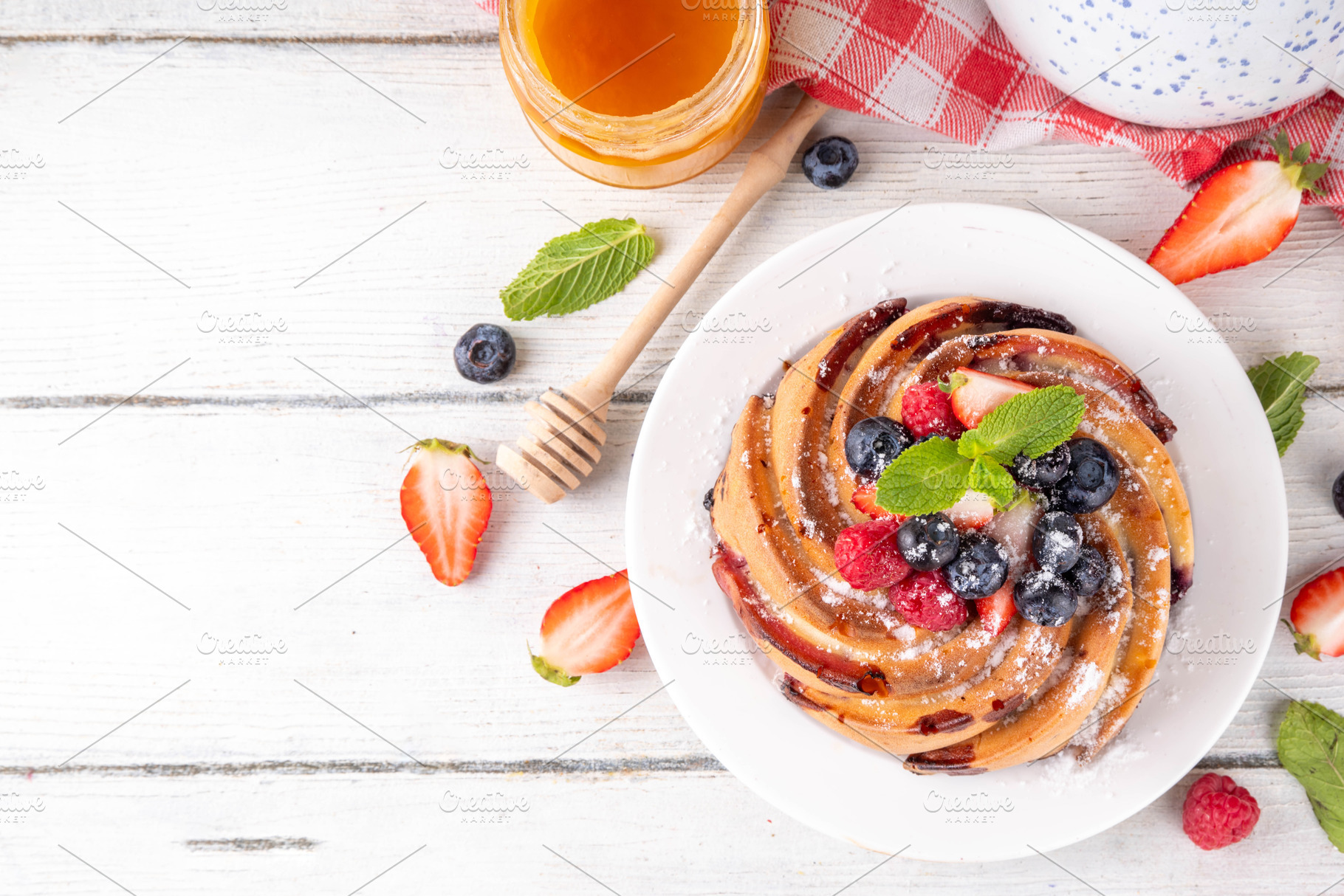 Sweet summer bundt cake with fresh fruit and berry, a Food & Drink Photo by Rimma