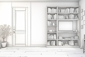 Minimalist interior design with bookshelf, door, and wooden floor, a Photo by AS photostudio